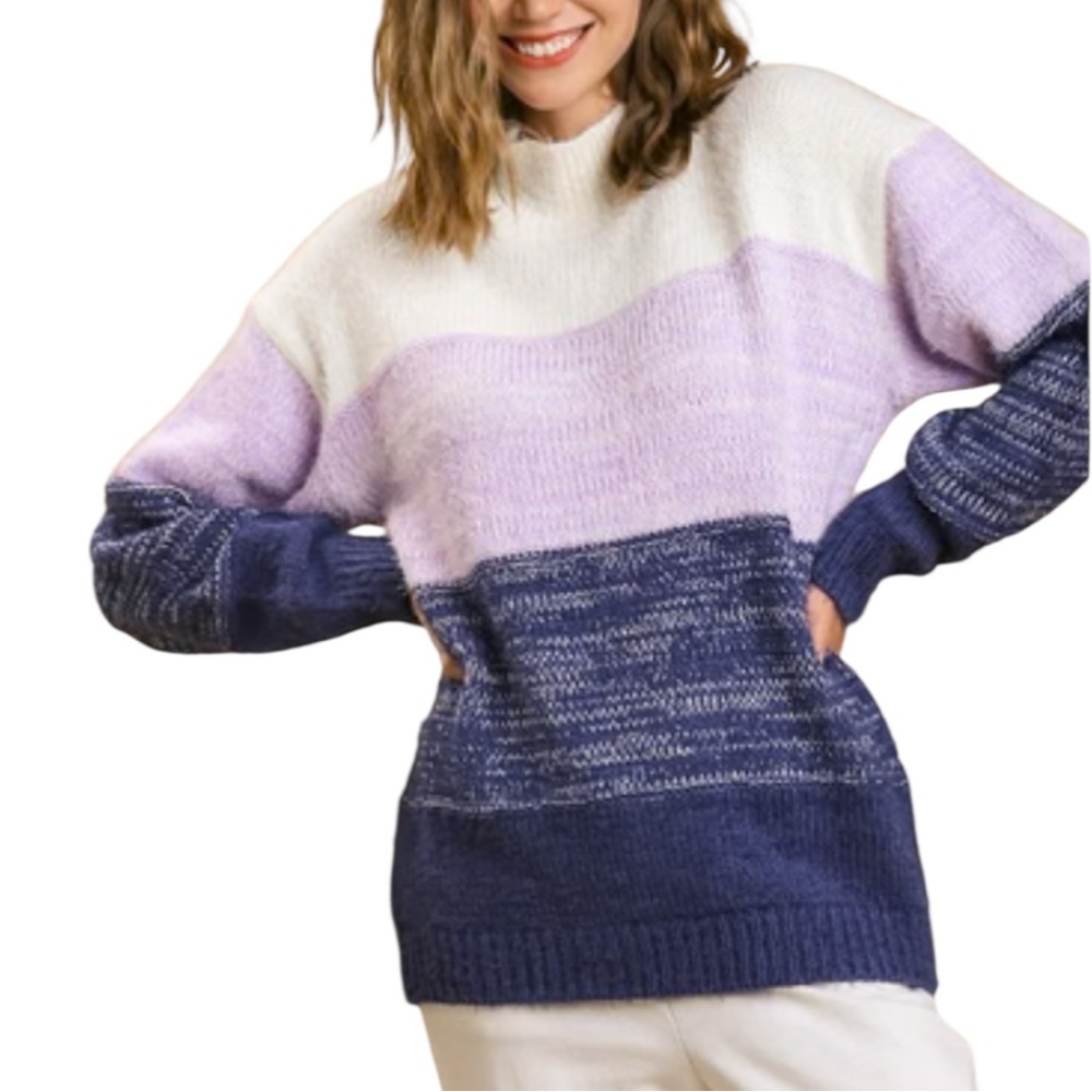 Umgee Color Block Mock Neck Knitted Pullover Sweater in Navy Purple Medium NWT